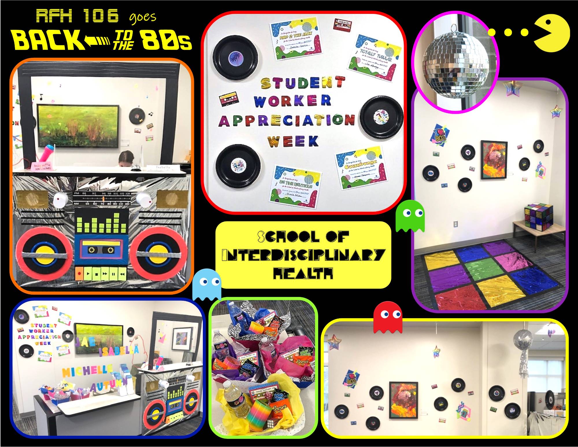 Colorful design with Pacman, snacks, records and boom box